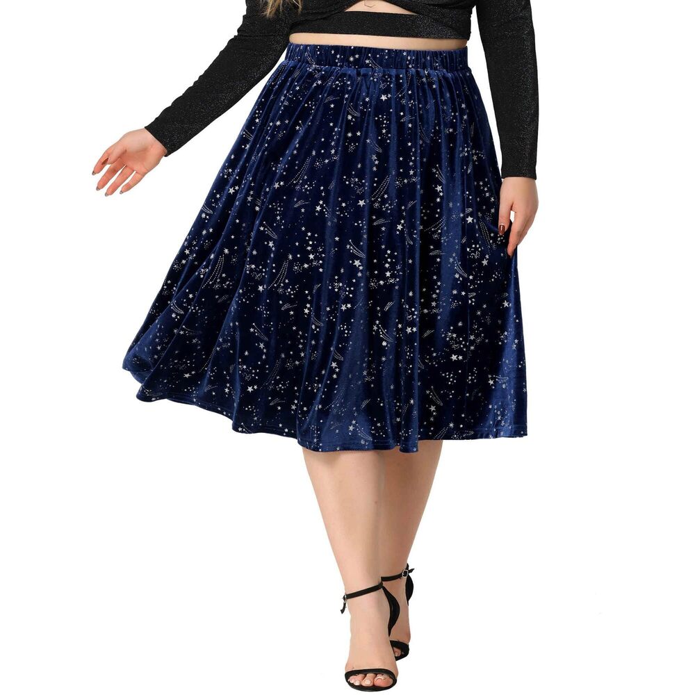 7350 Plus Size Velvet Skirts A-Line Elegant Knee Length Sequin Flare Skirt